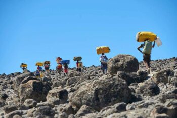 Porters carrying bags up Mount Kilimanjaro
