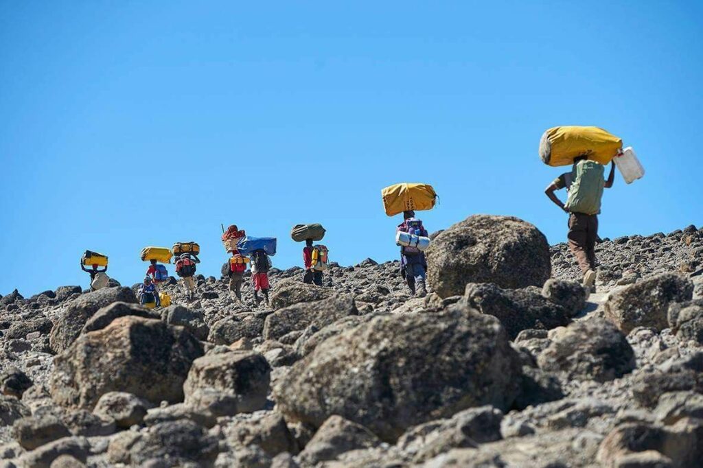 Porters carrying equipment up Mt. Kilimanjaro