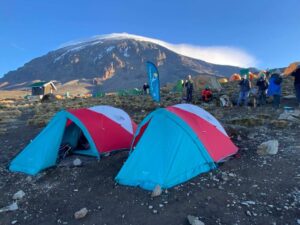 Mountain Hardware mountaineering tents on the base of Mt. Kilimanjaro with trekking company Roam Wild Adventure.