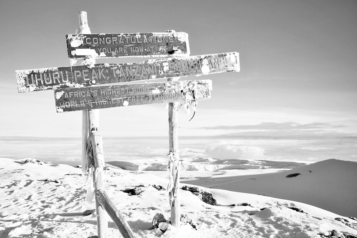 The summit sign at the top of Mount Kilimanjaro,