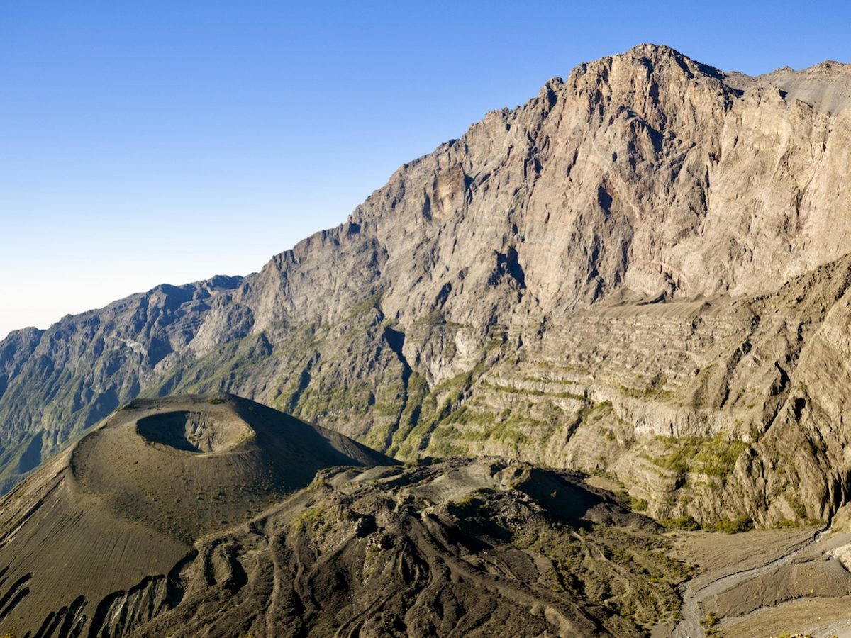A view of Mt. Meru with its volcanic crater.